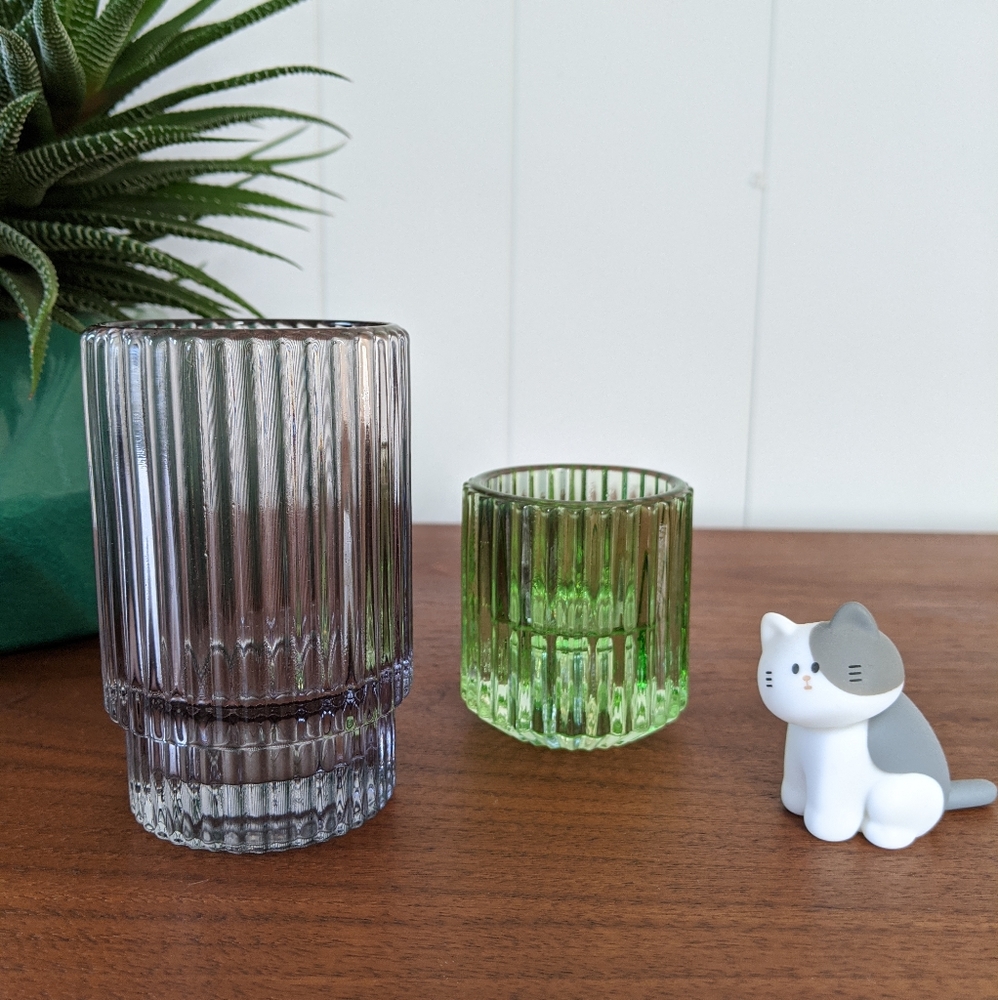 set of 4 tall purple fluted glass votive holders
